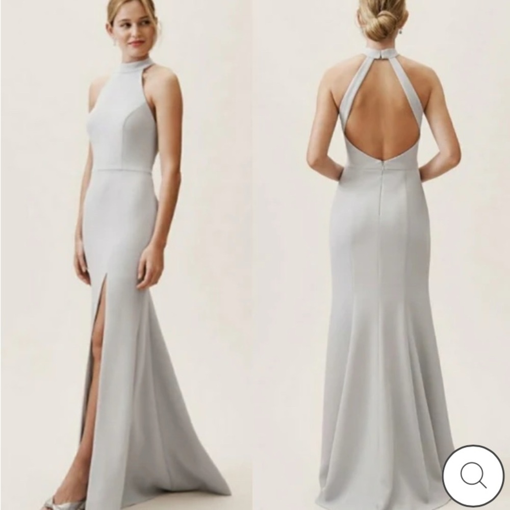 BHLDN Montreal halter backless maxi dress bridesmaid bride silver blue